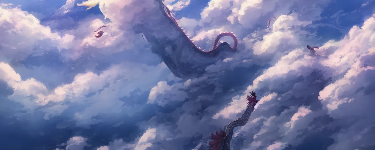 Image similar to a Chinese dragon high above the clouds by makoto shinkai, ethereal melancholy, trending on ArtStation, DeviantArt, Pixiv