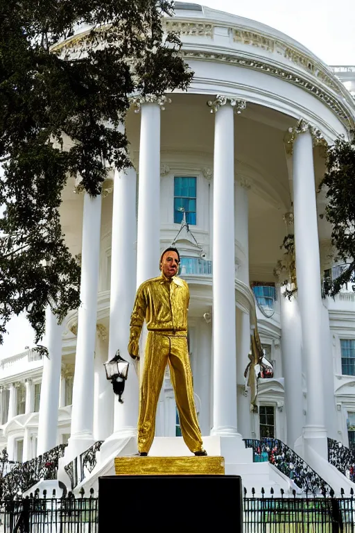 Image similar to A beautiful polished gold statue of Nicholas Cage in front of the White House, photo by Mann