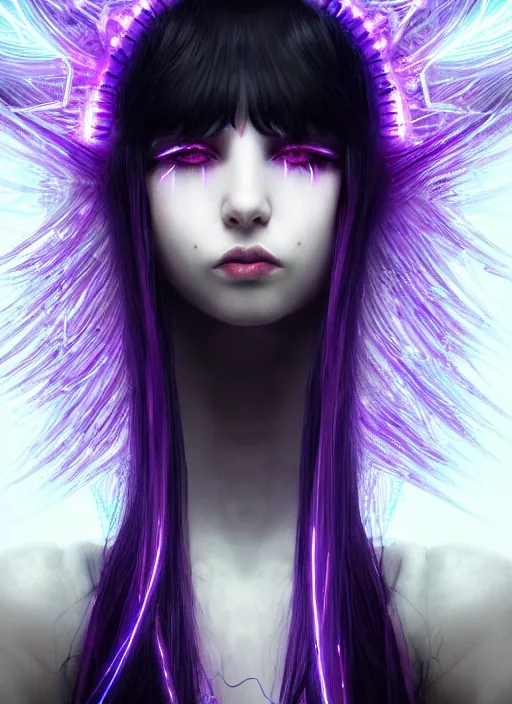 Image similar to hair whitebangs hair, black cyberlox, portrait of teenage girl with white bangs, whitebangsblackhair, messy bangs, cyberlox, whitebangs, red irises, purple clothes, intricate, elegant, glowing lights, highly detailed, digital painting, artstation, concept art, sharp focus, illustration, art by wlop, mars ravelo and greg rutkowski