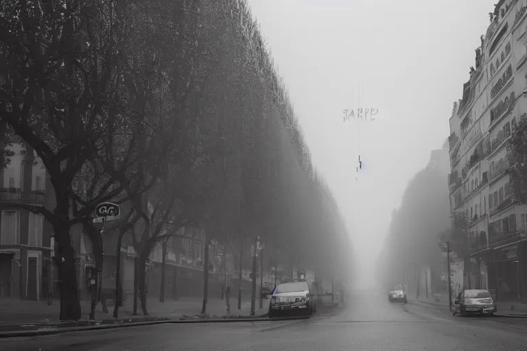 Prompt: paris street with lovecraftian god above the city floating in the sky, foggy, stranger things photo wide shot 3 5 mm