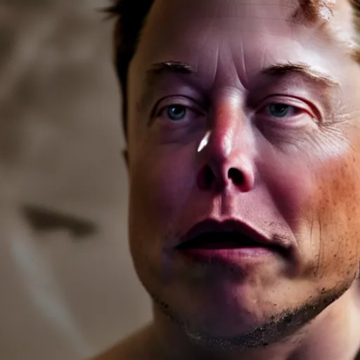 Image similar to Elon musk chewing on a battery in a dark cave and feeling sad, photorealistic