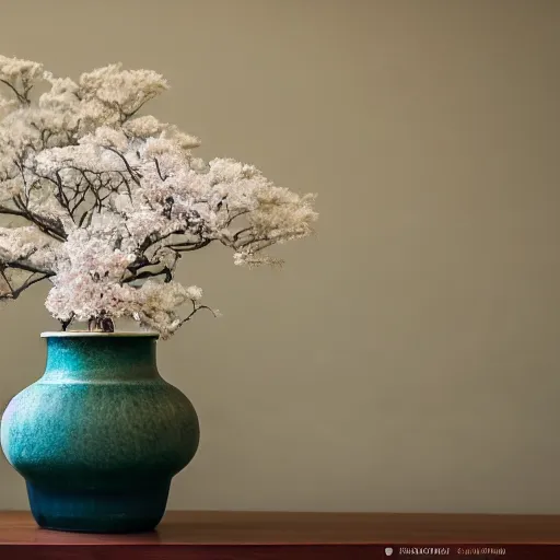 Prompt: a photo of 8k Ikebana in flower vase, ikenobo, ohararyu, sougetsu, wide angle, sony a7r3, ultra detail, photorealistic, in simple background