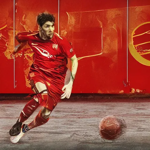 Prompt: a photography of Lionel Messi wearing a Bayern Munich jersey, red background, full body shot, studio lighting, realistic