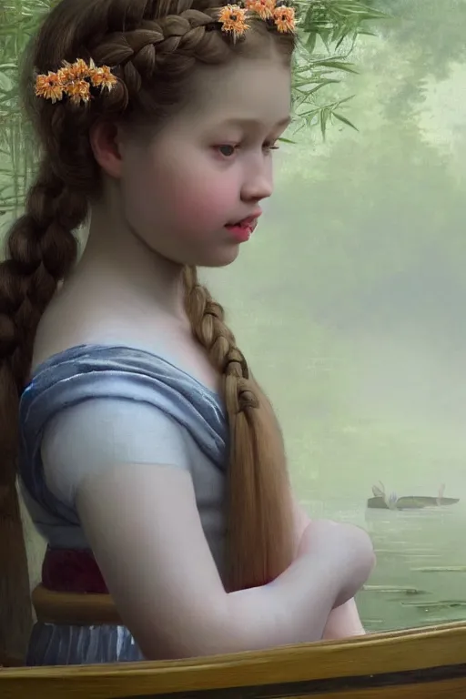 Prompt: a neoclassical portrait of a cute little forest girl with a beautiful braid and dreamy eyes, sitting in a small bamboo boat, concept art, realism, wearing traditional attire and beautiful ornaments, dreamy atmosphere, by Johannes Vermeer, butterflies in the fog in a bokeh background, artstation, 8K