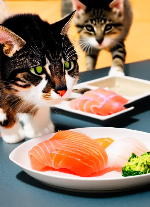 Image similar to clear photograph of cute cats stealing sushi from sushi plates