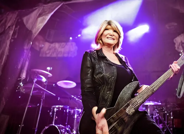 Image similar to publicity photo still of martha stewart in a death metal band playing live on stage, 8 k, live concert lighting, mid shot