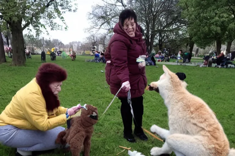 Prompt: old lady feeds furries in the park