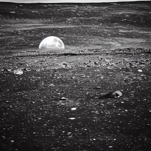 Prompt: “ lunar landscape, earth in distance photograph in high quality black and white lens 2 8 mm looking to horizon ”