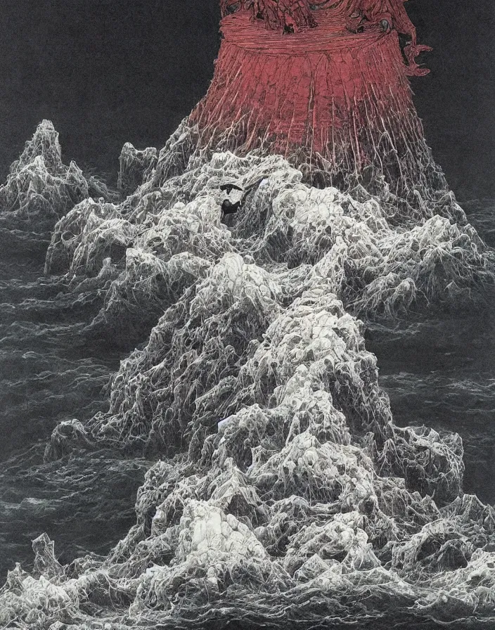 Image similar to worshippers in robes belonging to the cult of the lighthouse standing in waves with ravens flying overhead, a lighthouse, ravens, high detailed beksinski painting, part by adrian ghenie and gerhard richter. art by takato yamamoto. masterpiece, dark and moody, deep colours