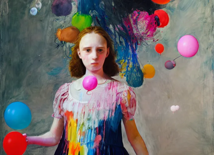 Image similar to portrait of a girl in a dress holding balloons, vincent lefevre and hernan bas and pat steir and hilma af klint, psychological, photorealistic, dripping paint, washy brush, rendered in octane, altermodern, masterpiece