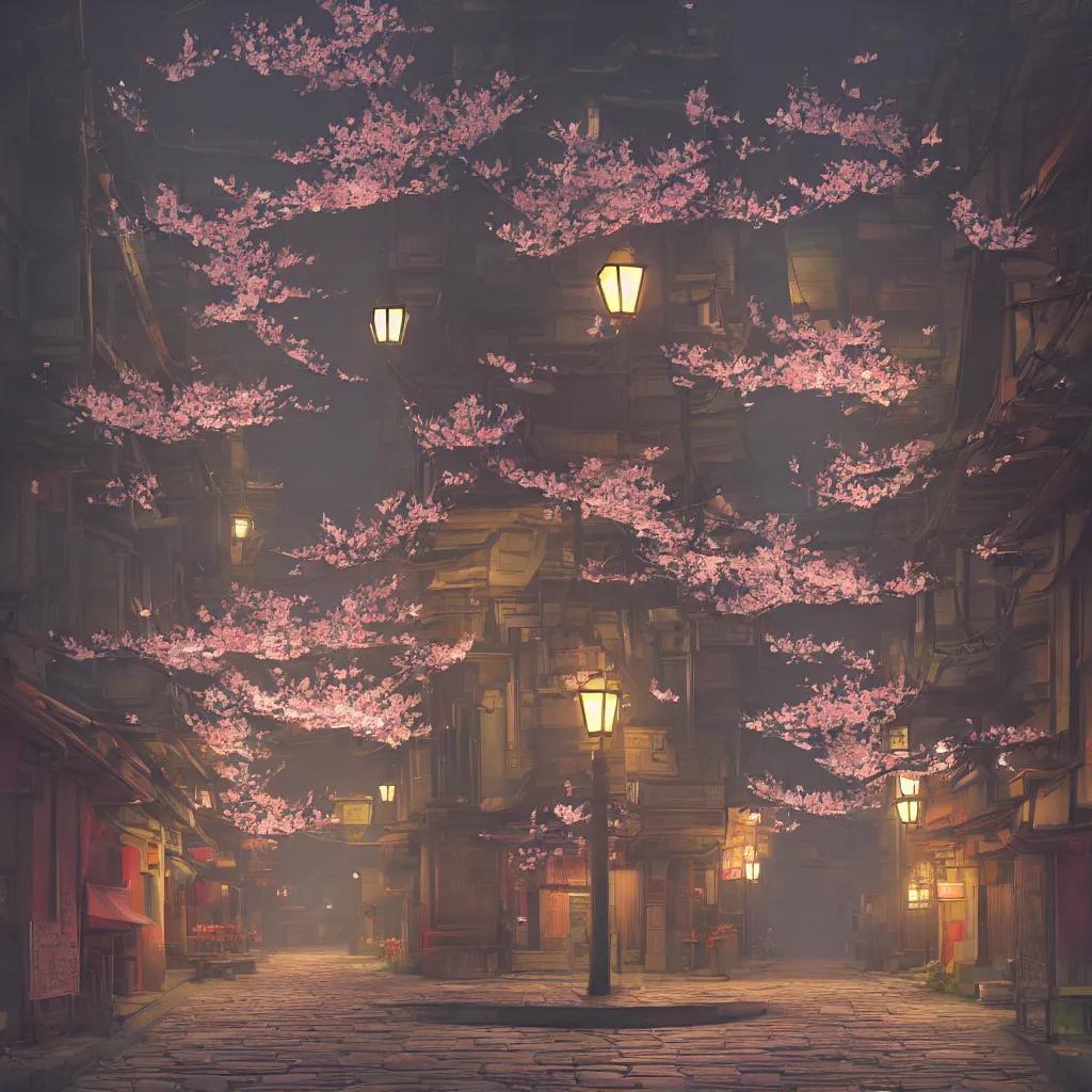 Image similar to Japanese street at night, cherry blossom petals, highly detailed, 3D render, digital art, artstation, 8K photography, matte photo-realistic, vivid colors, moody cool temperature, by Hayao Ghibli Miyazaki, breath of the wild style