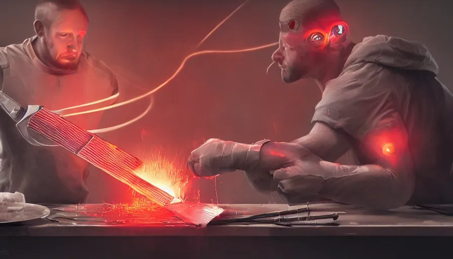 Image similar to homelander cutting a piece of steak with lazers coming from his eyes, hyperdetailed, artstation, cgsociety, 8 k