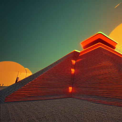 Prompt: ziggurat, photorealist, retrowave, orange color scheme, vivid lighting, sunset, digital art, rendered in unreal engine