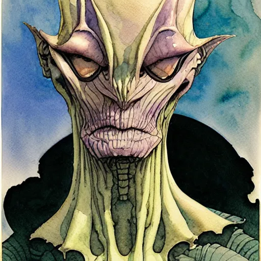 Image similar to a simple and atmospheric watercolour portrait of a pulp sci - fi alien demon, very muted colors, by rebecca guay, michael kaluta, charles vess and jean moebius giraud