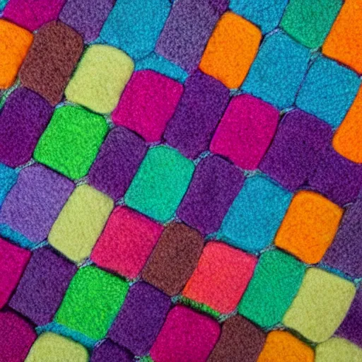 Prompt: hexagon pattern made of multicolour wool, photography, 4k, detailed, high saturation