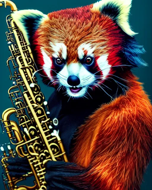 Prompt: a portrait of an anthropomorphic cyberpunk single red panda playing a saxophone by sandra chevrier, by jon foster, detailed render, tape deck, epic composition, cybernetics, 4 k realistic, cryengine, realistic shaded lighting, sharp focus, masterpiece, by enki bilal