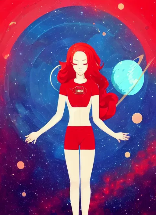 Image similar to a beautiful woman with red hair floating in space. she is an astronaut, wearing a space suit. clean cel shaded vector art. shutterstock. behance hd by lois van baarle, artgerm, helen huang, by makoto shinkai and ilya kuvshinov, rossdraws, illustration, art by ilya kuvshinov