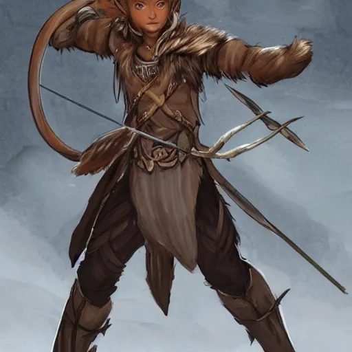 Image similar to D&D character concept art of a wood elf, sly archer, brown skin color with short three banches and a fluffy coat, fighting pose of a archer shooting, natural clothes blending in, full body pose, soft colors, fantasy, intricate, elegant, highly detailed, digital painting, artstation, concept art, smooth, sharp focus, illustration, wide angle shot, full body visible, art by artgerm and H R Giger and alphonse mucha