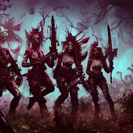 Image similar to squad of beautiful armed zombie girls in army of nurgl warhammer in fantasy forest between a trees fighting monster, dark fantasy, highly detailed, trending on artstation, Unreal Engine 4k, cinematic wallpaper