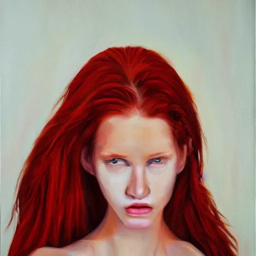 Prompt: hyperrealism oil painting of crying redhead fashion model portrait