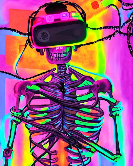 Image similar to xsullo digital painting of cyberpunk skeleton tethered to a bunch of wires and cords and chains wearing a vr headset neon glowing painting