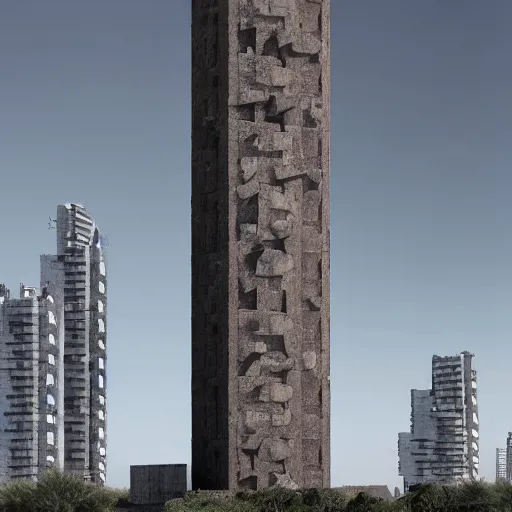 Image similar to a giant brutalist wizard tower built in brutalist architecture, diverse unique building geometry full of shapes and corners, with a narrower base than the top of the tower