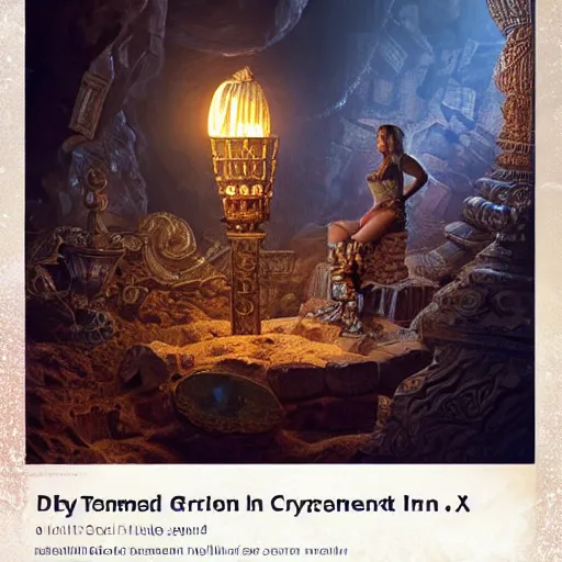 Image similar to epic view of an ancient dark byzantine cave interior, ornate oil lamp on a pile of crystals, books covered in jewels, ornate, surrounded by strange statues and treasure, full of sand and glitter, hyper real, Indiana Jones, Tomb Raider, trending on artstation, concept art, cinematic, jewels, by Jordan Grimmer