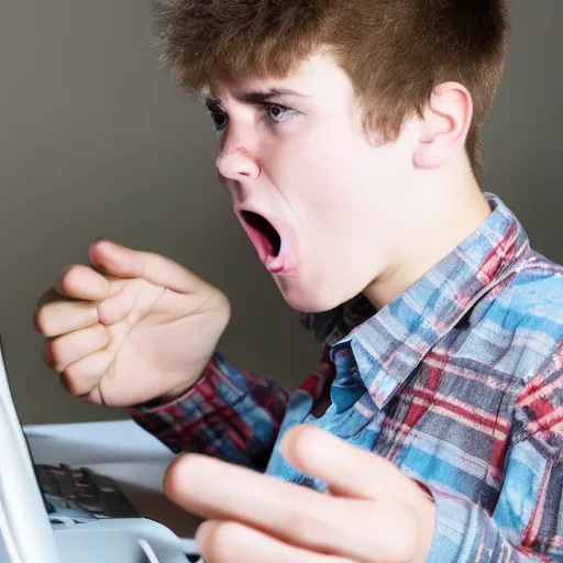 Image similar to teenage boy getting angry at a computer, award - winning photograph