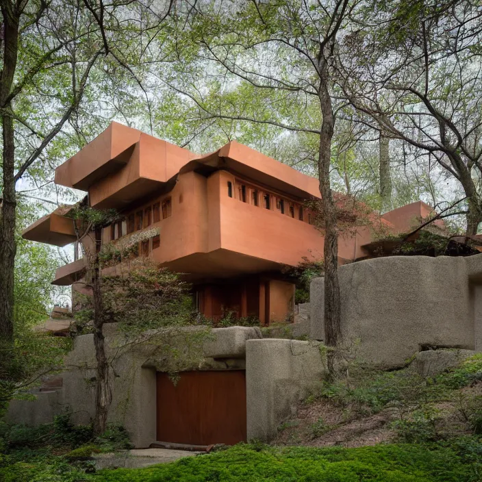 Image similar to a human face as a house by frank lloyd wright, eerie, lush trees, award winning photo, 8 k,