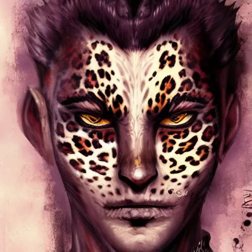 Prompt: Warlock with leopard traits. Character portrait, face close-up, of an anthro leopard warlock in the style of Bastien Lecouffe-Deharme