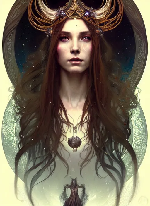 Image similar to a beautiful cinematic female druid goddess, galatic shamen with Quantum energy fantasy, fantasy magic, undercut hairstyle, dark light night, intricate, elegant, sharp focus, illustration, highly detailed, digital painting, concept art, matte, art by WLOP and Artgerm and Greg Rutkowski and Alphonse Mucha, masterpiece