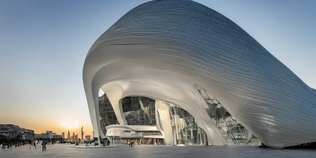 Image similar to extremely elegant smooth detailed stunning sophisticated beautiful elegant futuristic museum exterior by Zaha Hadid, Milan buildings in the background, smooth curvilinear design, stunning volumetric light, stainless steal, concrete, translucent material, beautiful sunset, tail lights