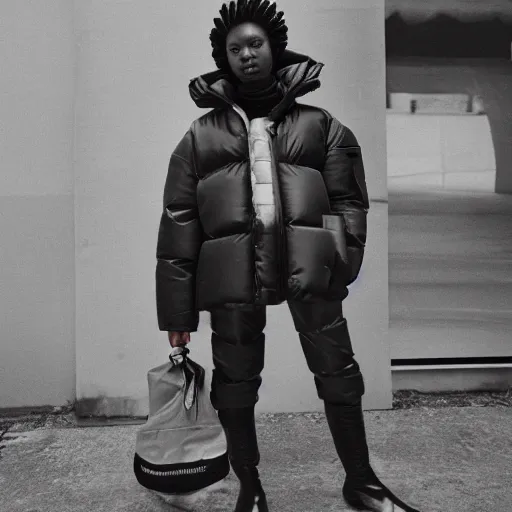 Image similar to realistic! photoshoot for a new balenciaga lookbook, color film photography, portrait of a beautiful woman wearing a puffer jacket, photo in style of tyler mitchell, 35mm