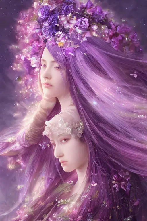 Image similar to 4k detailed portrait of a beautiful intimate woman with long purple cosmic hair and a beautiful celestial dress made of flowers, by Ayami Kojima. Anime, volumetric lighting, trending on artstation