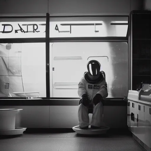 Image similar to a beautiful photo of an astronaut waiting in a laundromat, 1970', soft light, morning light, photorealistic, realistic, octane, 8k, cinematic shot