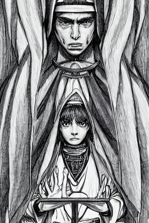 Image similar to portrait of Daniel Trejo as church nun, intricate, highly detailed, artstation, manga illustration by Kentaro Miura berserk