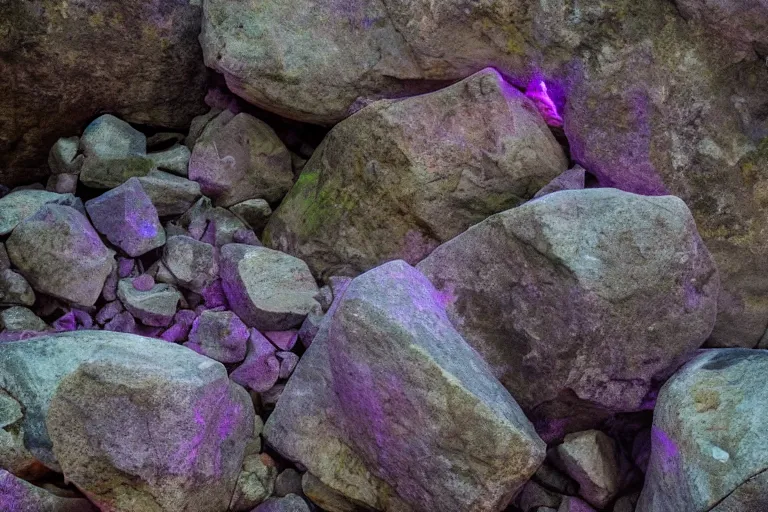 Prompt: rocks falling off a cliff in the evening, purple glow