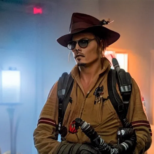 Prompt: awe inspiring Johnny Depp as a Ghostbuster in the movie Ghostbusters 8k hdr movie still dynamic lighting