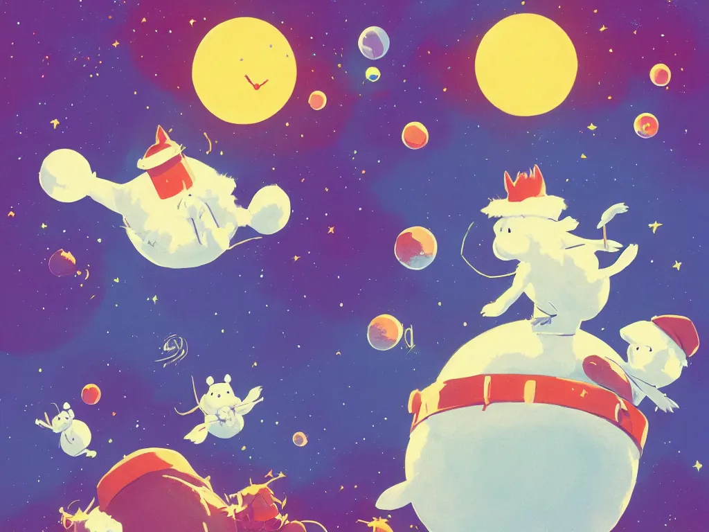Prompt: the moomins in space, looking cute, illustration, warm colors, fluffy, cozy, hyperrealistic, low light, volumetric light, smooth, trending on artstation