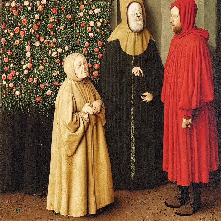 Image similar to a woman wearing a hooded cloak made of flowers, standing next to a creepy old man, by Jan van Eyck