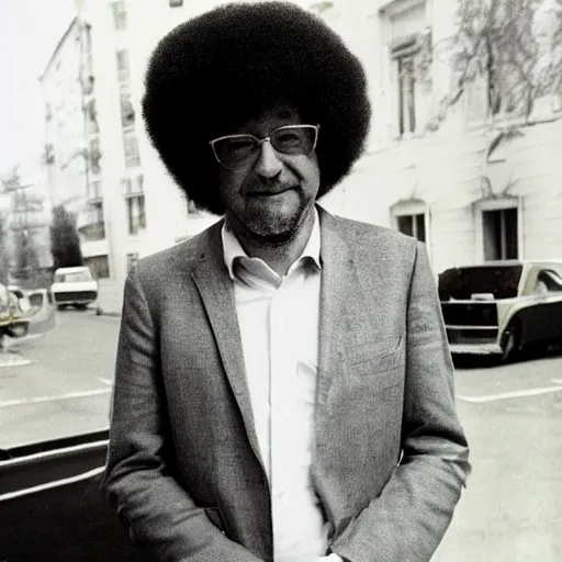 Prompt: Mélenchon with afro hair, 70s fashion clothes