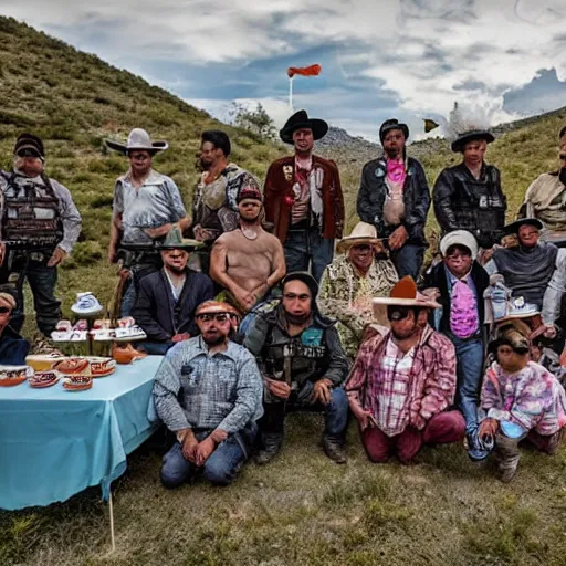 Image similar to wide-angle photo of the Juarez Cartel at a kid’s tea party, high detail, National Geographic 2022, award winning photography, 8k