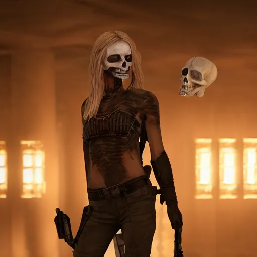 Prompt: octane, Unreal engine, Samara Weaving with skull paint holding a shotgun