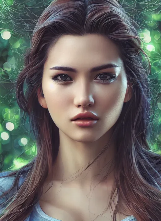 Image similar to photo of a gorgeous female in the style of stefan kostic, realistic, professionally, half body shot, sharp focus, 8 k high definition, insanely detailed, intricate, elegant, art by stanley lau and artgerm, bokeh foliage