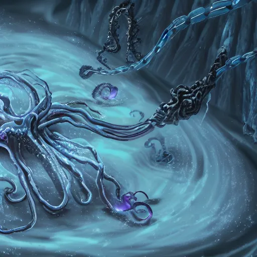 Image similar to screenshot of an end game boss that is an ethereal obsidian ghostly wraith like figure with a squid like parasite latched onto its head and long tentacle arms that flow lazily but gracefully at its sides like a cloak and chains rattling at its sides while it floats around a frozen rocky tundra in the snow searching for lost souls hidden among the underbrush of the frozen trees, this character has hydrokinesis and electrokinesis for silent hill video game and inspired by the resident evil game franchise