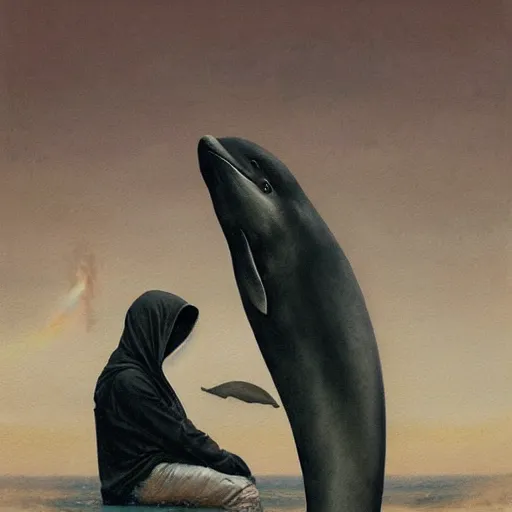 Image similar to a hyper realistic painting of the grim reaper sitting on of a dolphin jumping over a rainbow, by greg rutkowski and santiago caruso,