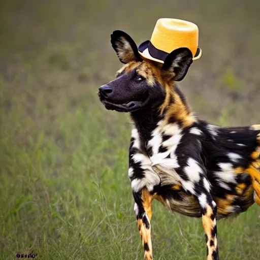 Image similar to A photo of the world's greatest showman: the african wild dog dressed in a hat!