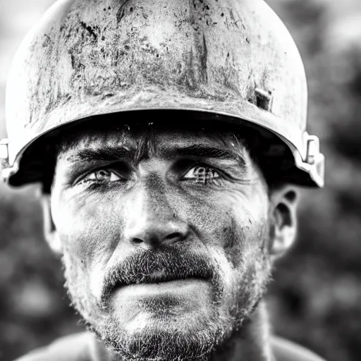 Prompt: close up face male portrait of a coal miner who just finished is last shift. black and white