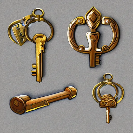 Prompt: metal key for the doors, rpg game inventory item, stylized, perspective view, ArtStation concept