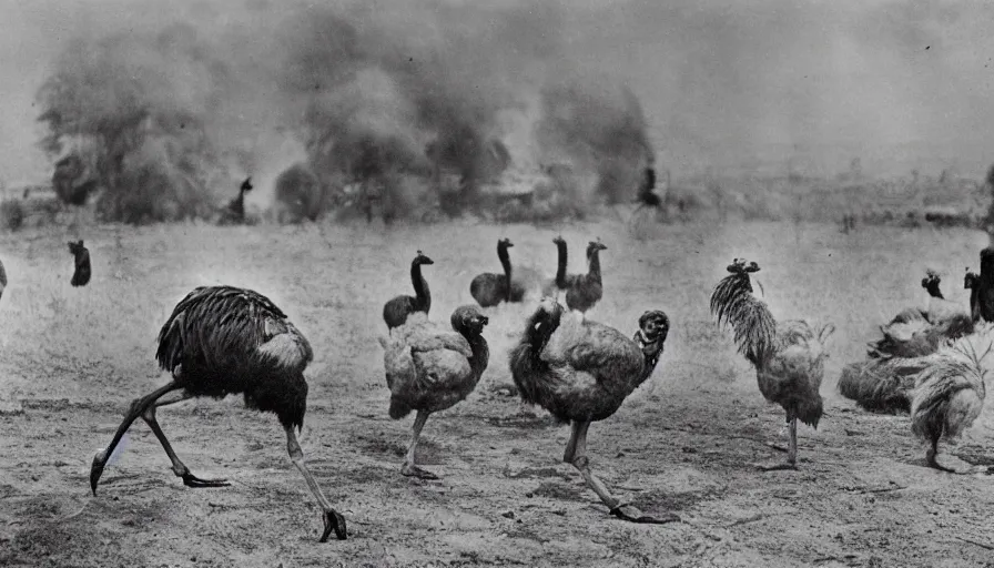 Prompt: the war of 1920 between the ostrich and the chicken army, 4k photography award winning,